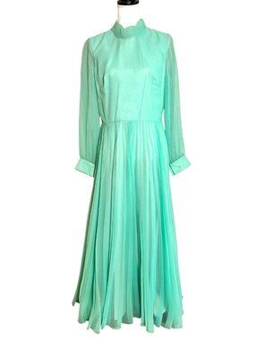 Vintage 70s Miss Elliette Mother of the Bride Mint Pleated Chiffon Maxi Dress M